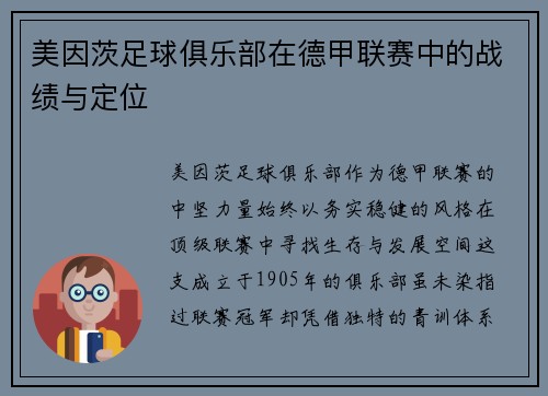 美因茨足球俱乐部在德甲联赛中的战绩与定位