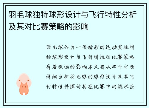 羽毛球独特球形设计与飞行特性分析及其对比赛策略的影响