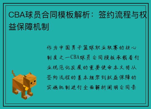 CBA球员合同模板解析：签约流程与权益保障机制